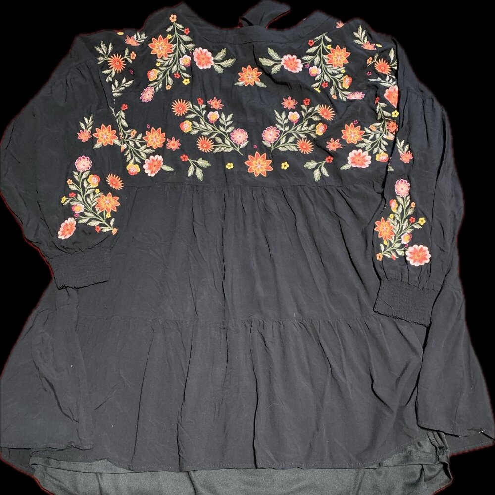 Savanna Jane Brightly Embroidered Long Sleeved Black Dress, 1X, Lined